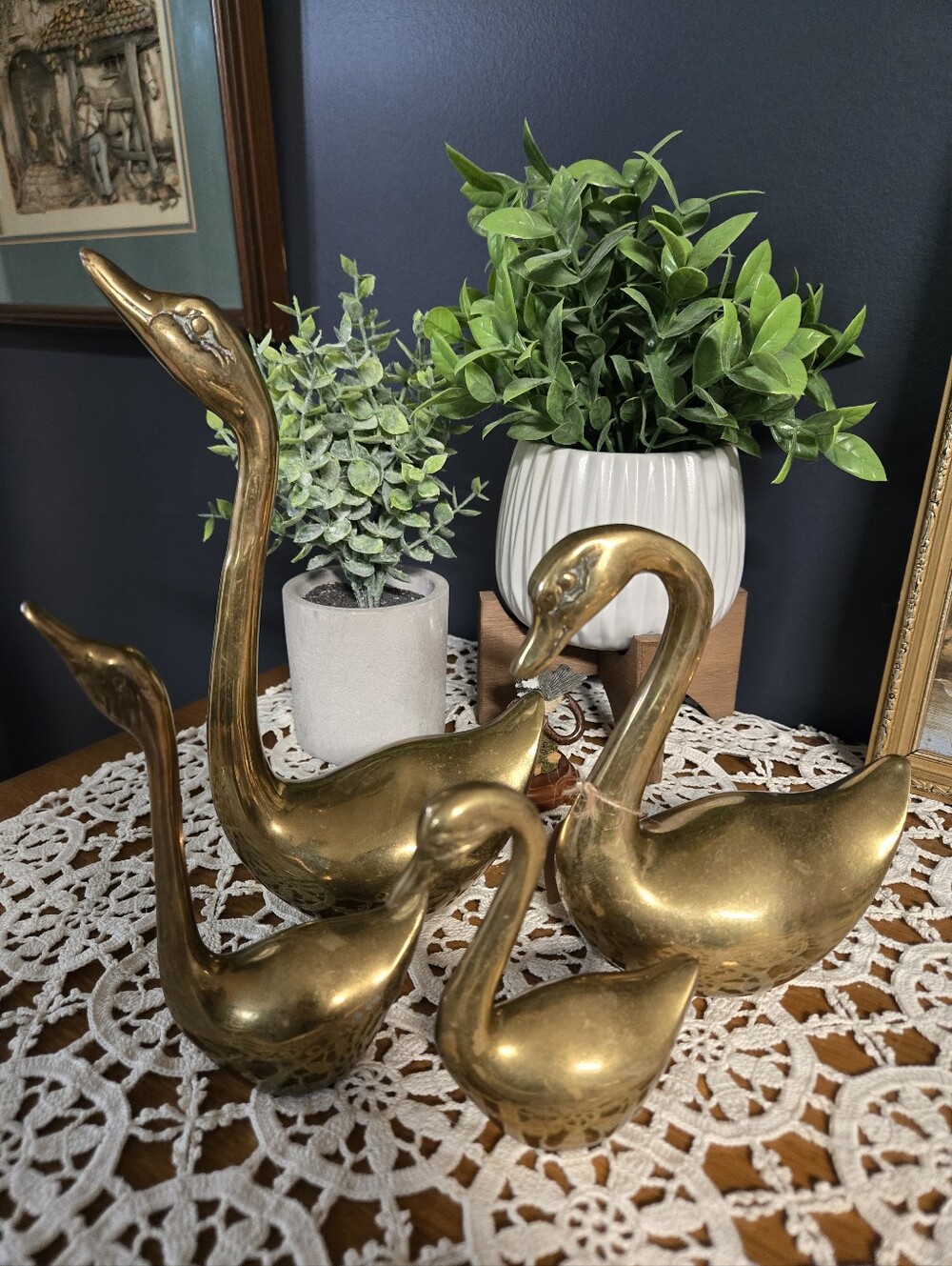 Set of 4 Brass Swan Figurines – Graduated Swan Family